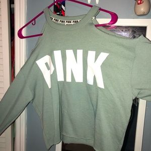 PINK cut out off the shoulder green cropped crew